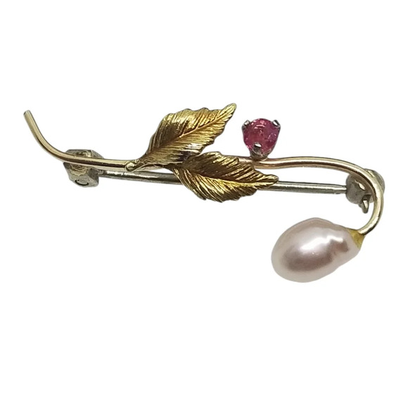 KREMENTZ VINTAGE 14K GOLD OVERLAY PIN WITH GENUINE RUBY & FRESHWATER PEARL & BOX - Picture 2 of 6